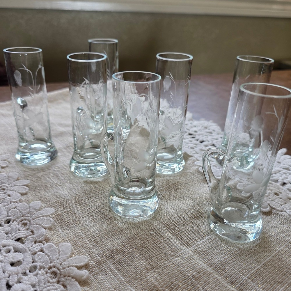 Vintage Set of 7 Etched Floral Tall Shot Glasses with Handles Weighted Base 4in